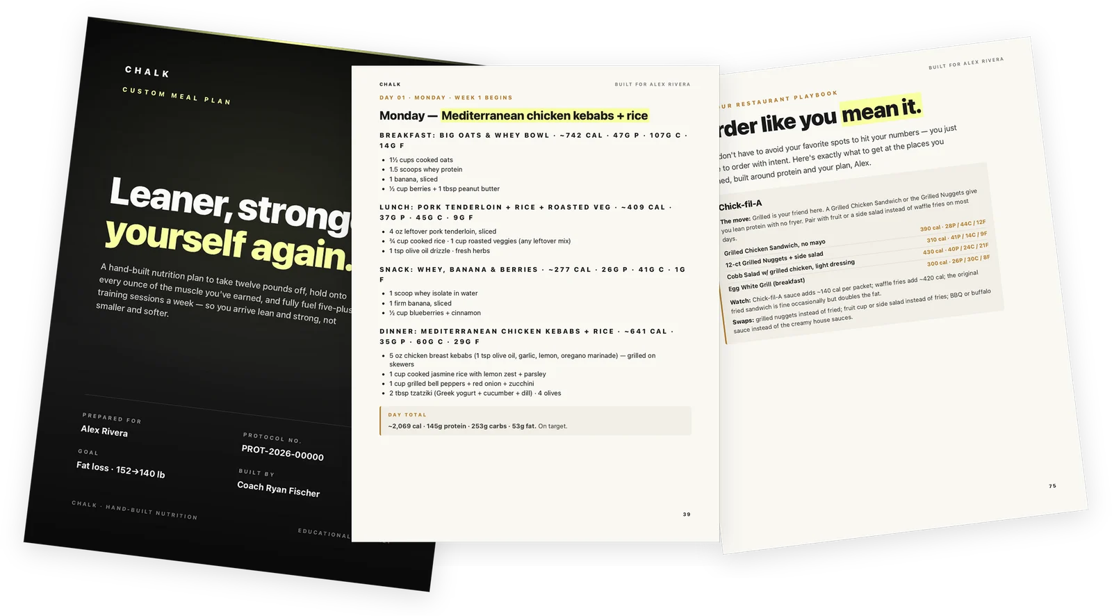 Three pages from a Chalk custom meal plan: the cover, a day of meals with its macro totals, and a restaurant playbook card for Chick-fil-A