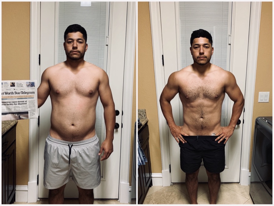 Male client before-and-after holding local newspaper