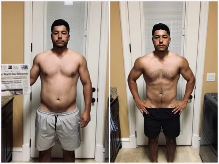 Male client before-and-after holding local newspaper
